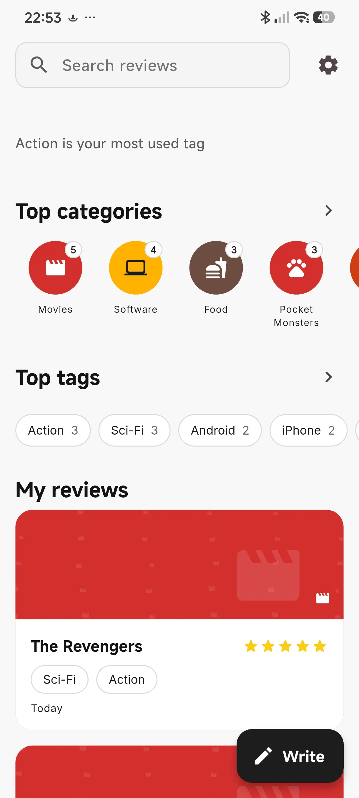 The Evenstar home screen: your top categories, your most used tags, and the reviews you wrote most recently