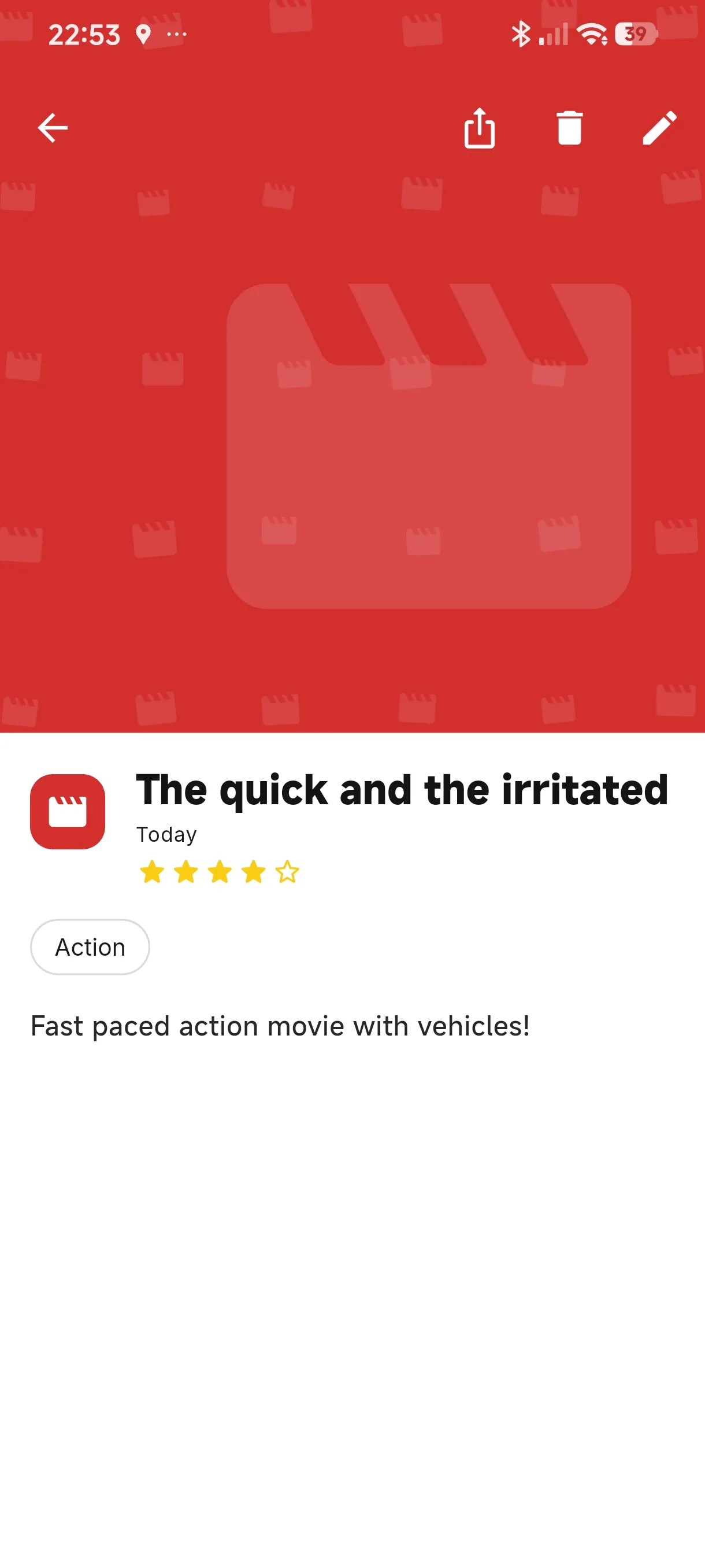 A finished review — title, rating, tag and text, headed by its category's artwork