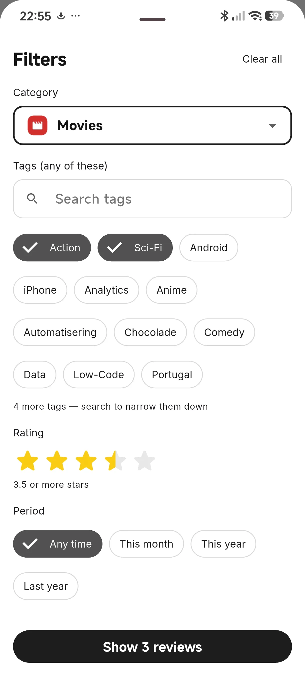 The filter sheet: category, tags, rating and period, with the number of matching reviews on the button